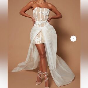 Sheer White Lace Floral Dress with Sheer Overlay Skirt